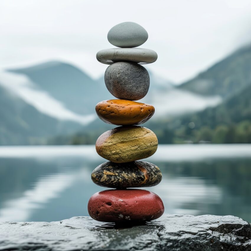 Fotografie Poster Steinbalance bunt am See ruhig