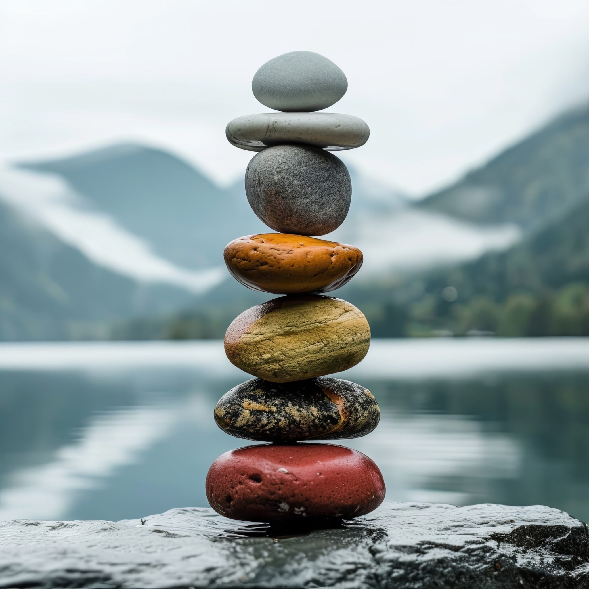 Fotografie Poster Steinbalance bunt am See ruhig