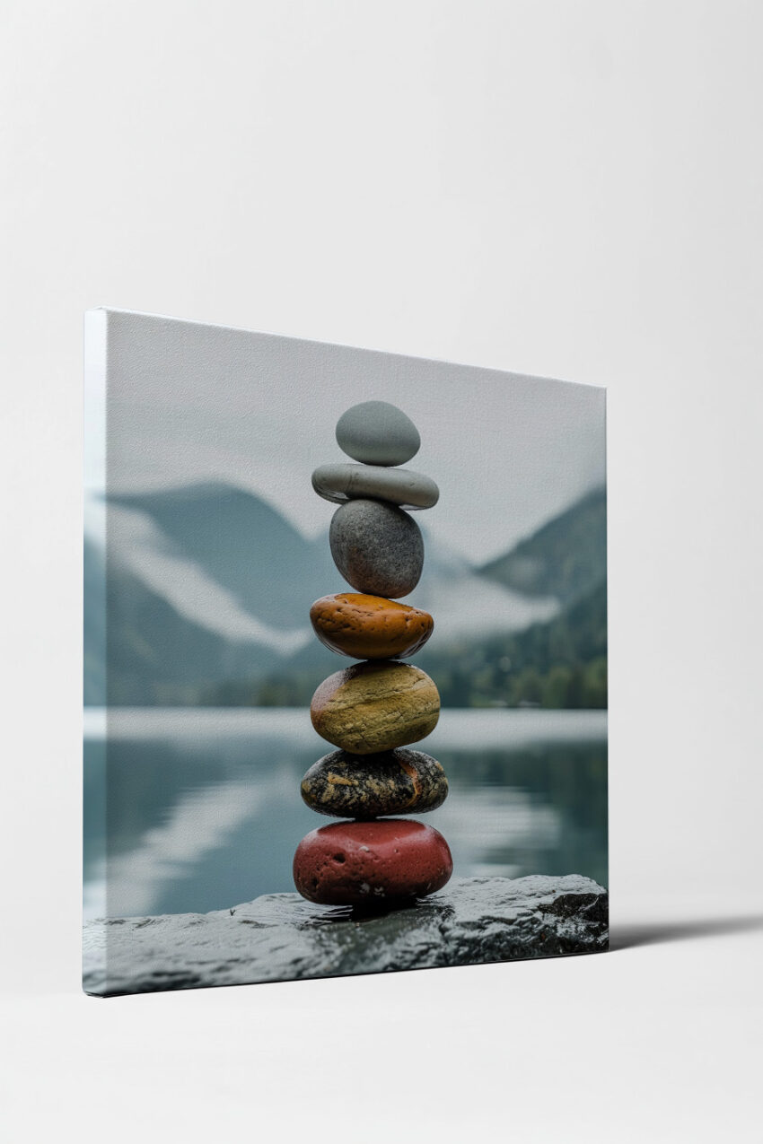 Fotografie Poster Steinbalance bunt am See ruhig