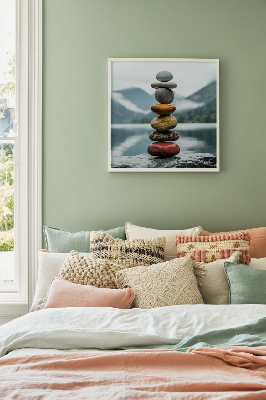 Fotografie Poster Steinbalance bunt am See ruhig