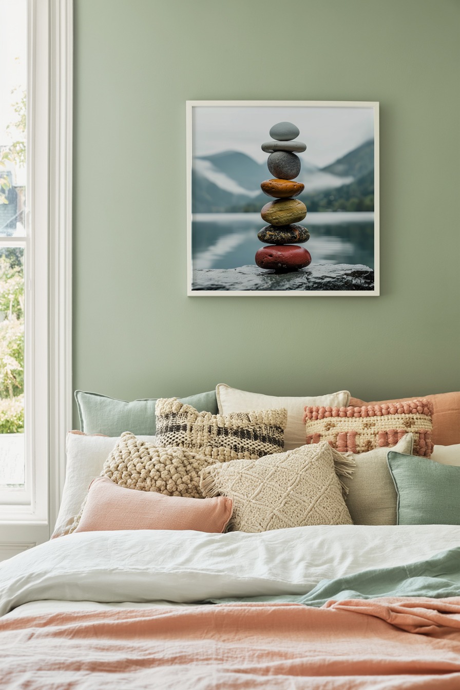 Fotografie Poster Steinbalance bunt am See ruhig