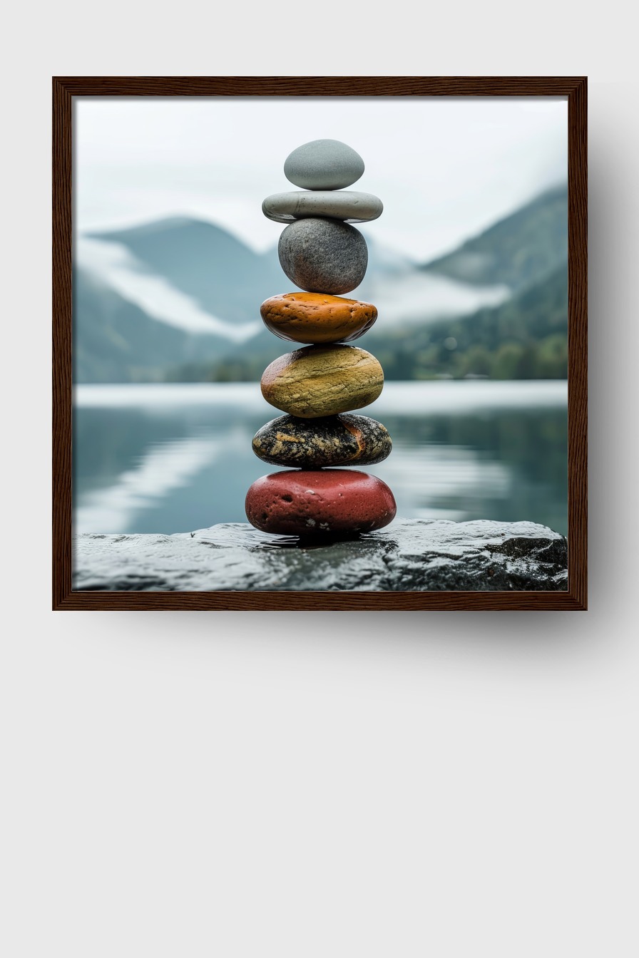 Fotografie Poster Steinbalance bunt am See ruhig