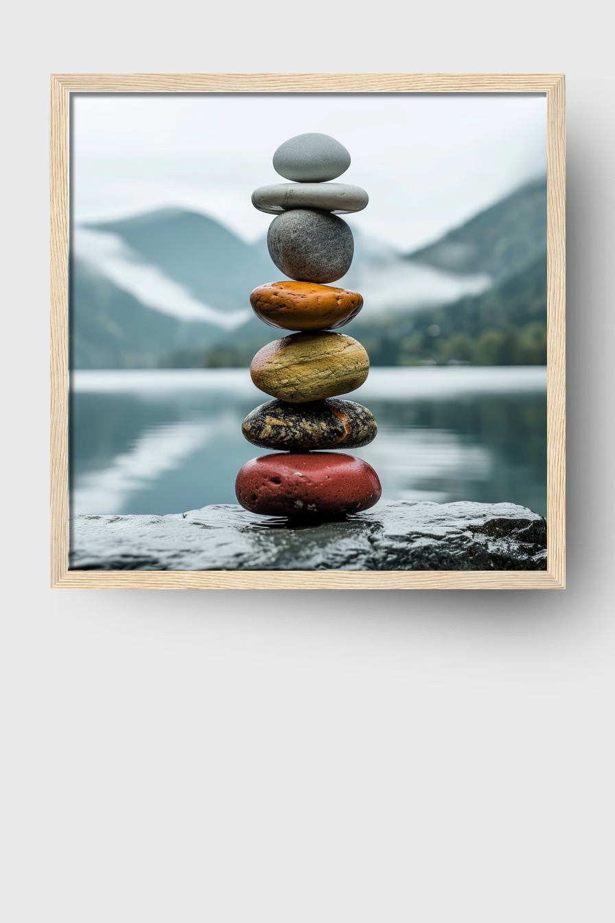 Fotografie Poster Steinbalance bunt am See ruhig