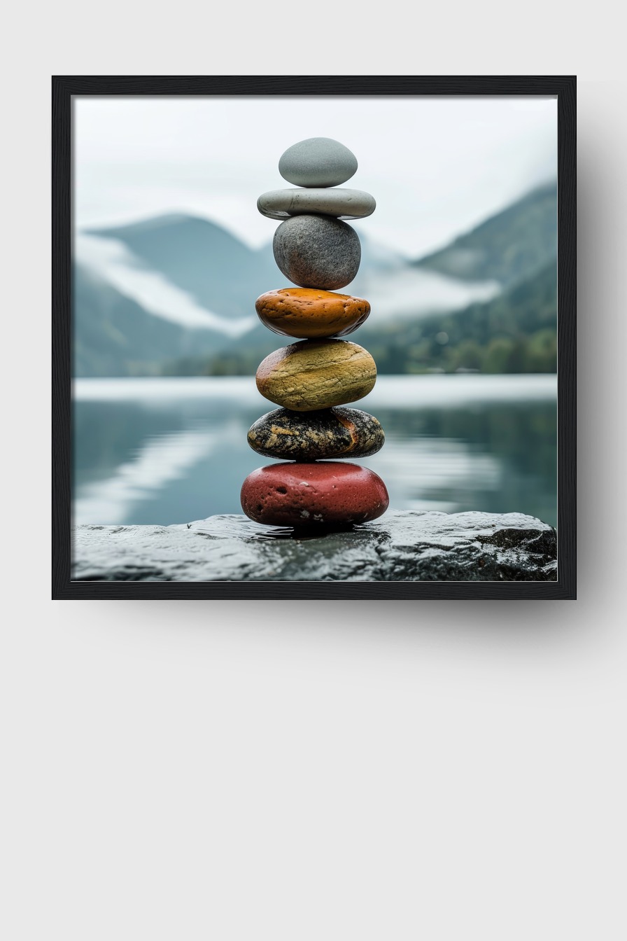 Fotografie Poster Steinbalance bunt am See ruhig