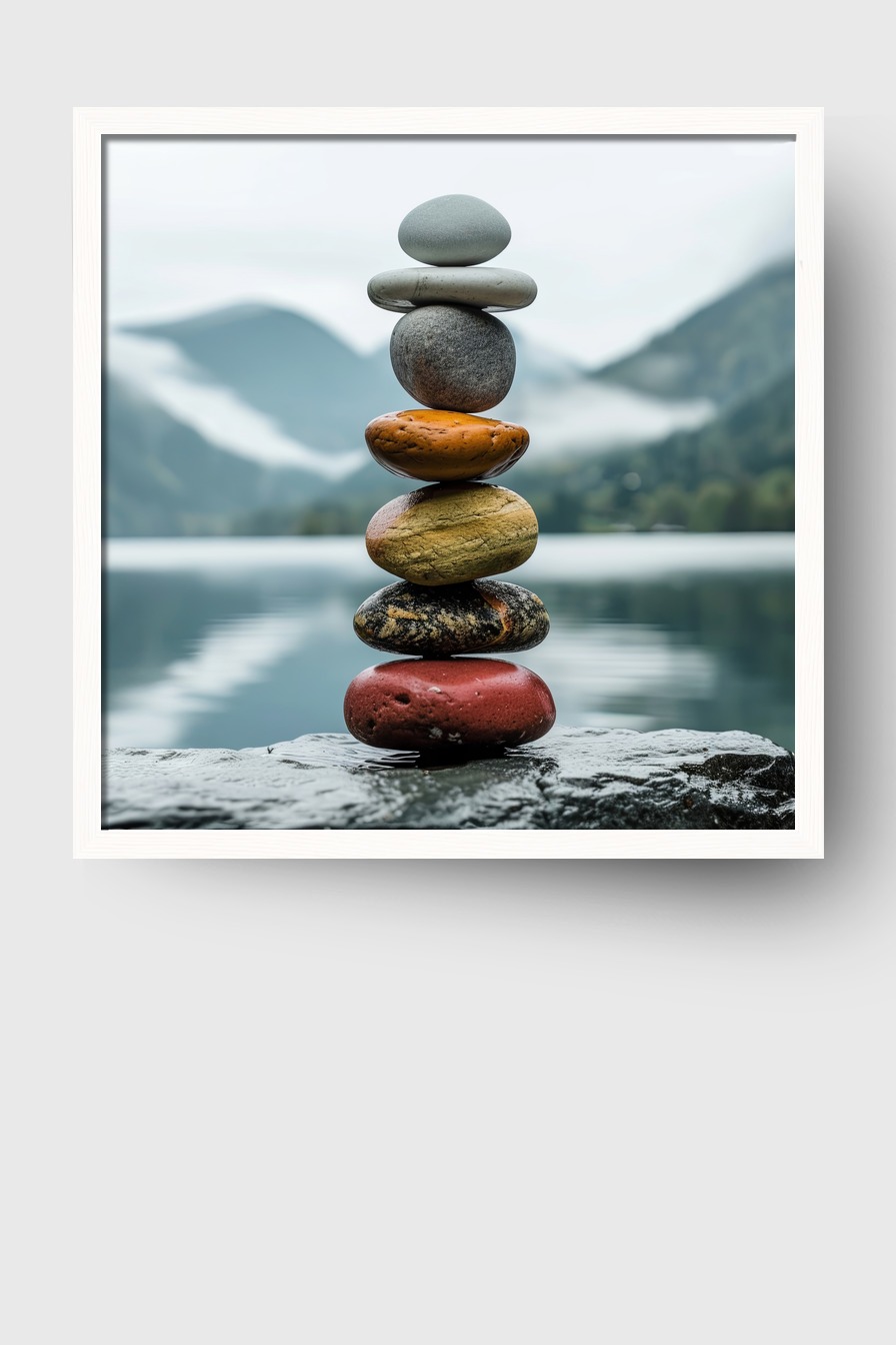 Fotografie Poster Steinbalance bunt am See ruhig