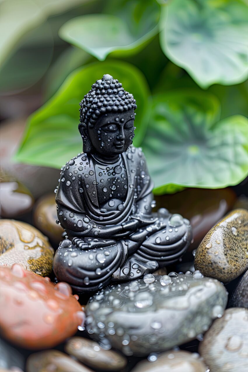 Fotografie Poster Buddha Statue mit Wassertropfen Steine