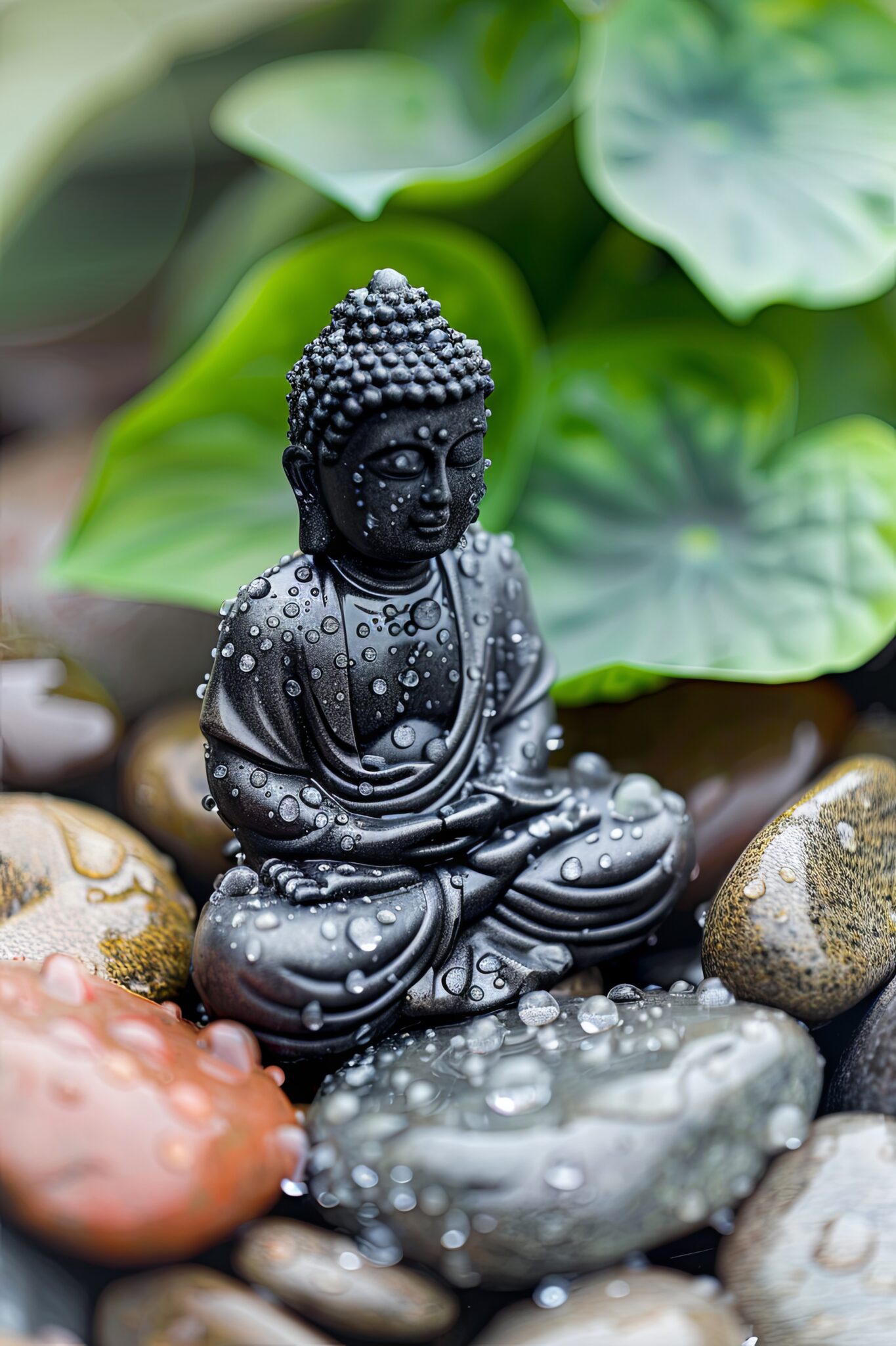 Fotografie Poster Buddha Statue mit Wassertropfen Steine