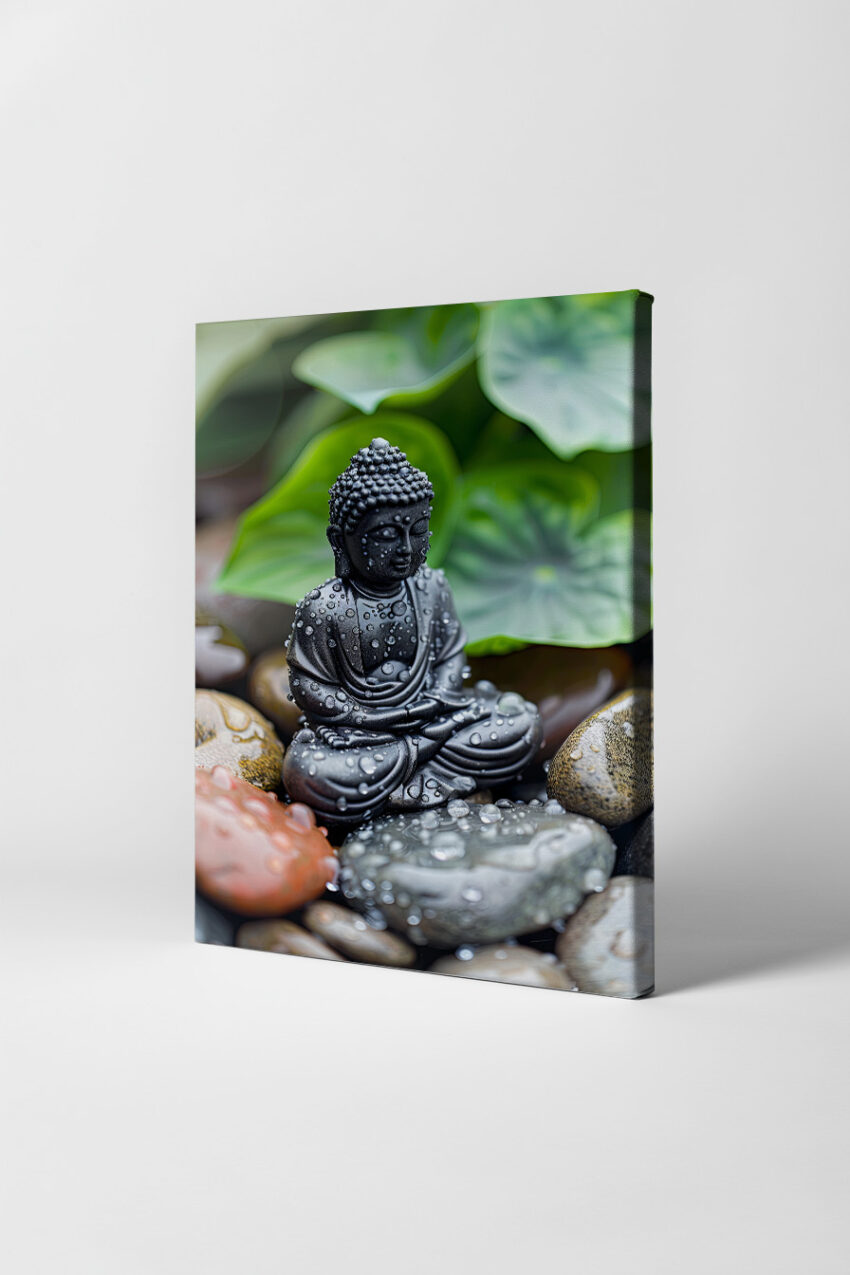Fotografie Poster Buddha Statue mit Wassertropfen Steine
