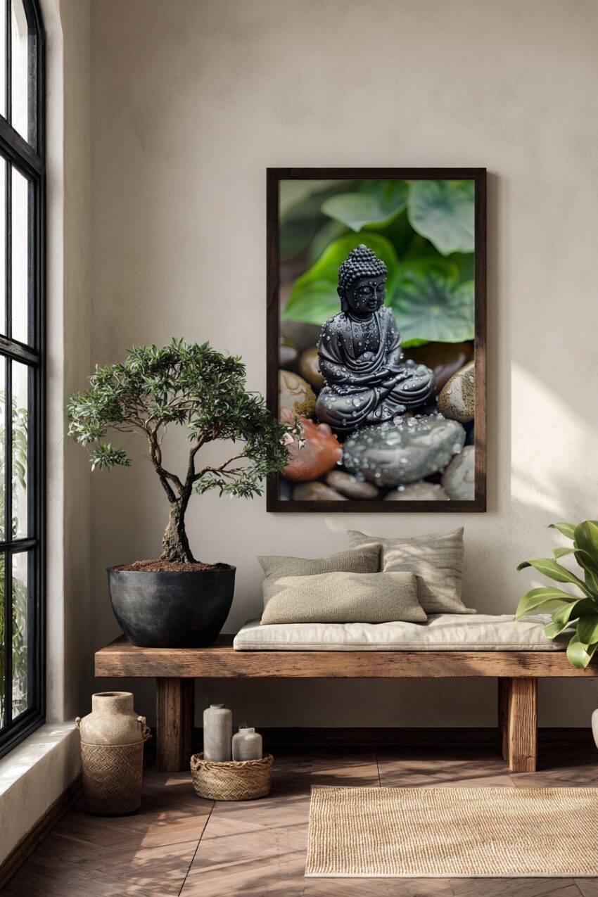 Fotografie Poster Buddha Statue mit Wassertropfen Steine