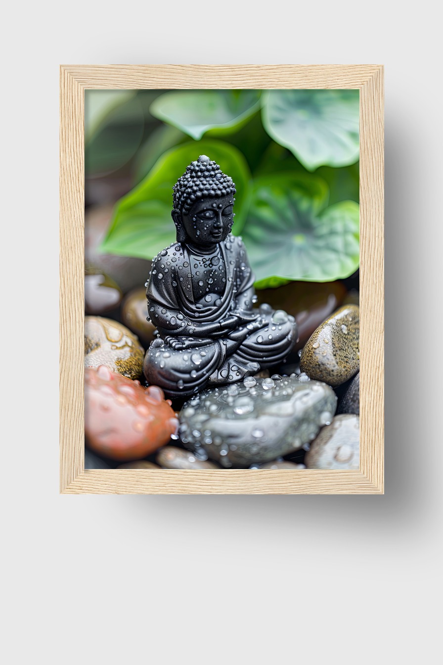 Fotografie Poster Buddha Statue mit Wassertropfen Steine