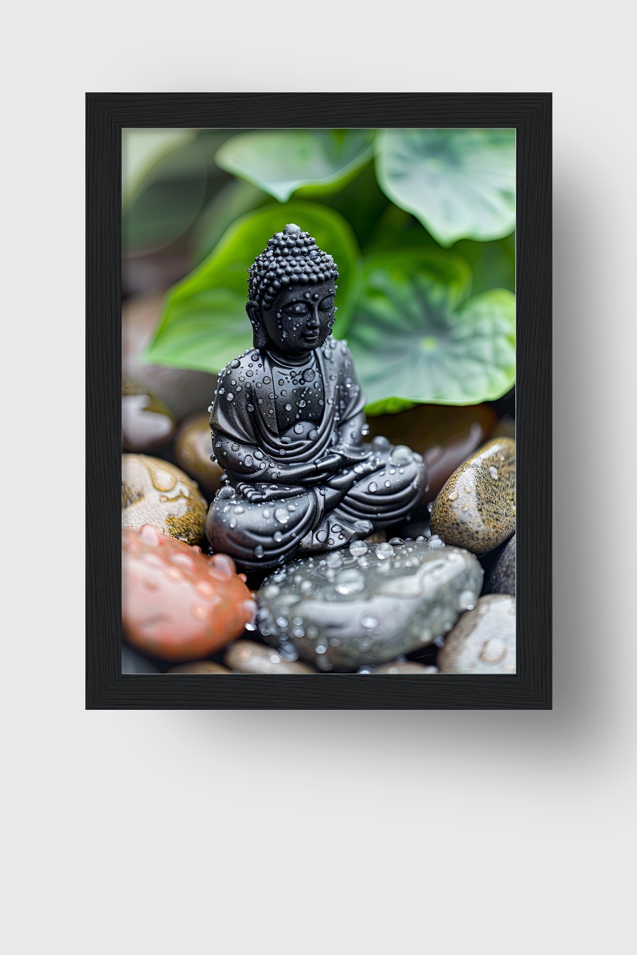 Fotografie Poster Buddha Statue mit Wassertropfen Steine