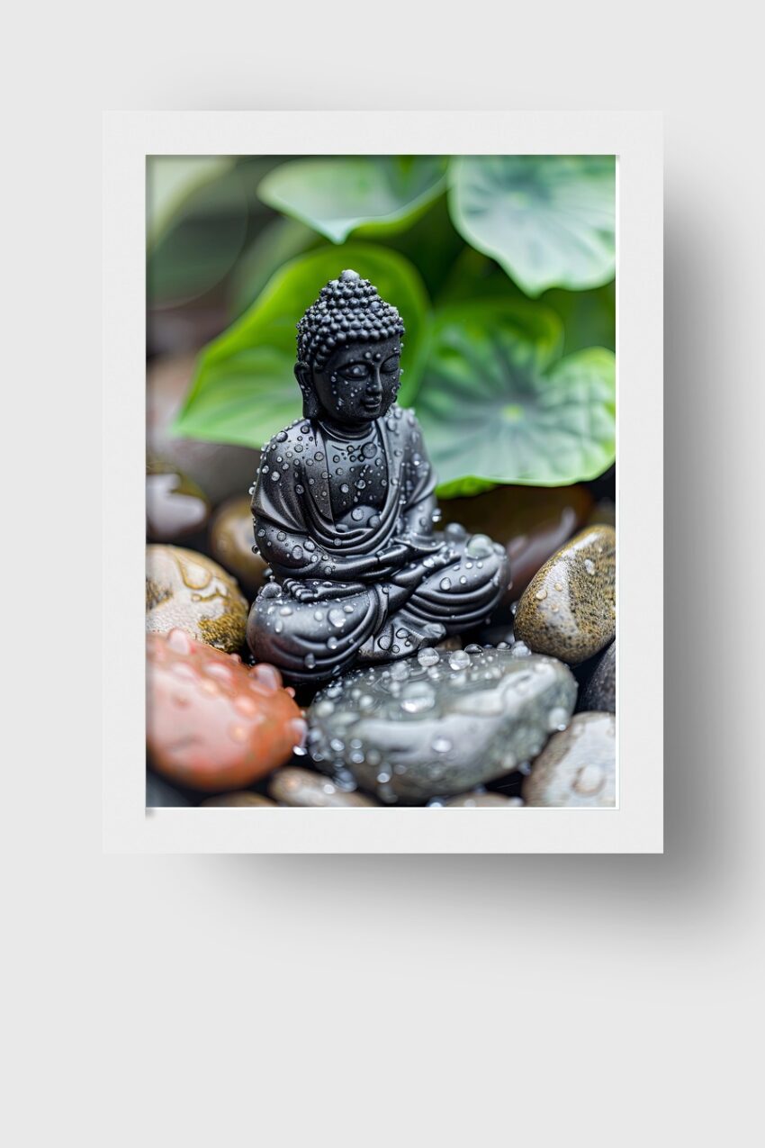 Fotografie Poster Buddha Statue mit Wassertropfen Steine