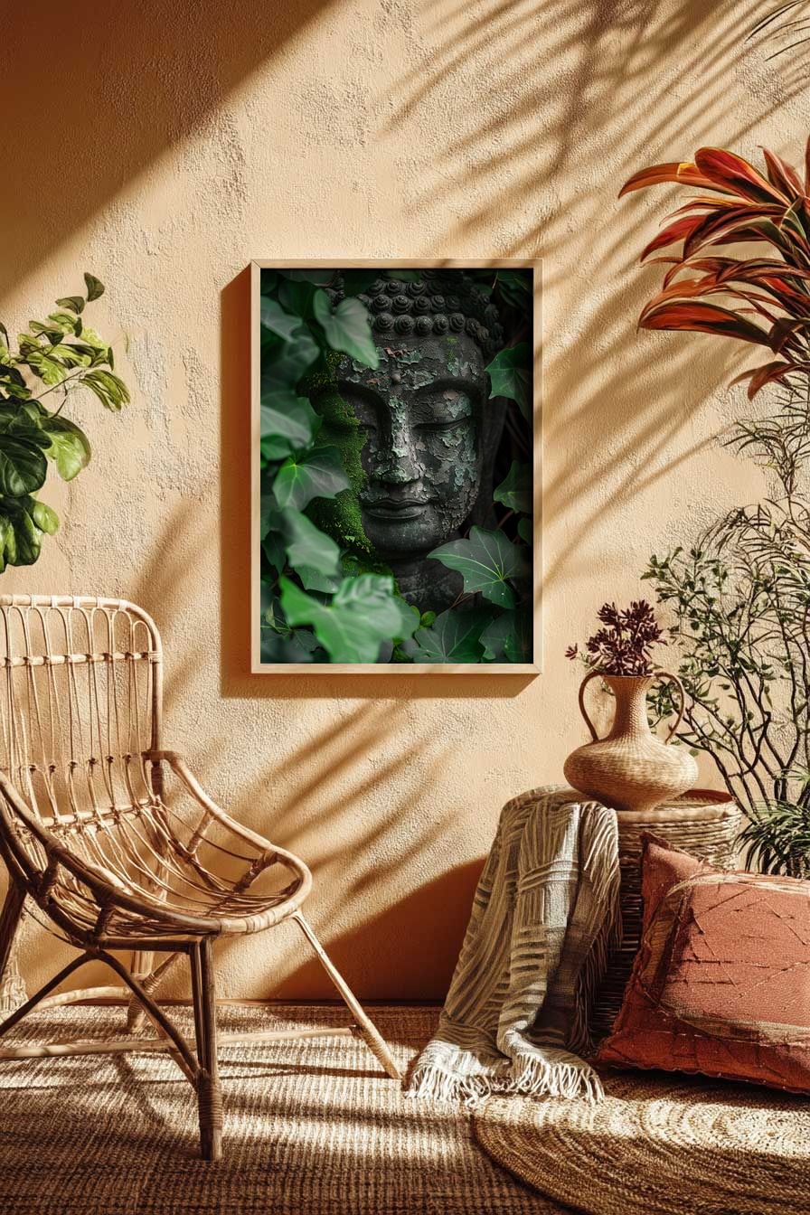 Fotografie Poster Buddha Kopf verwittert grün Moos