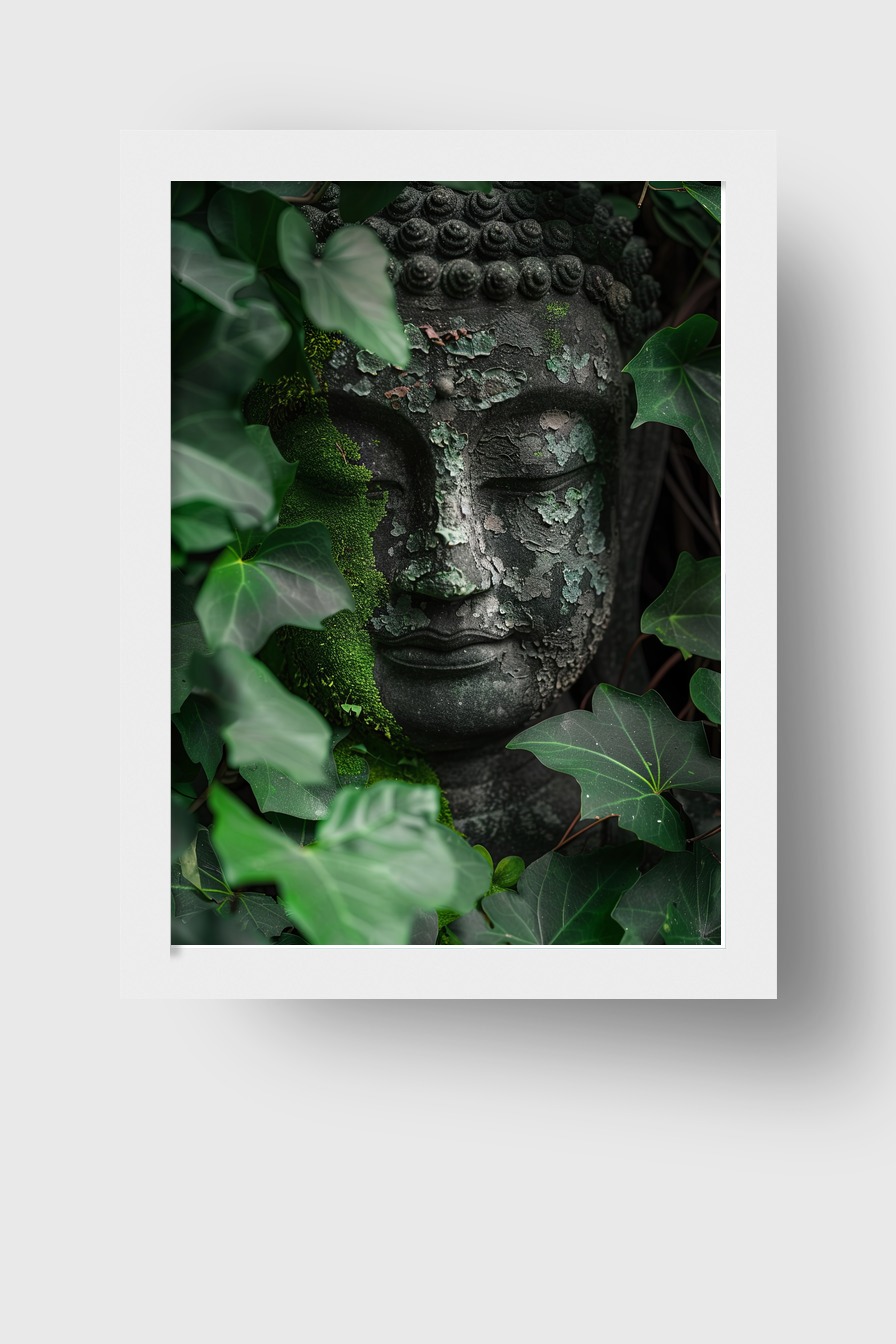 Fotografie Poster Buddha Kopf verwittert grün Moos