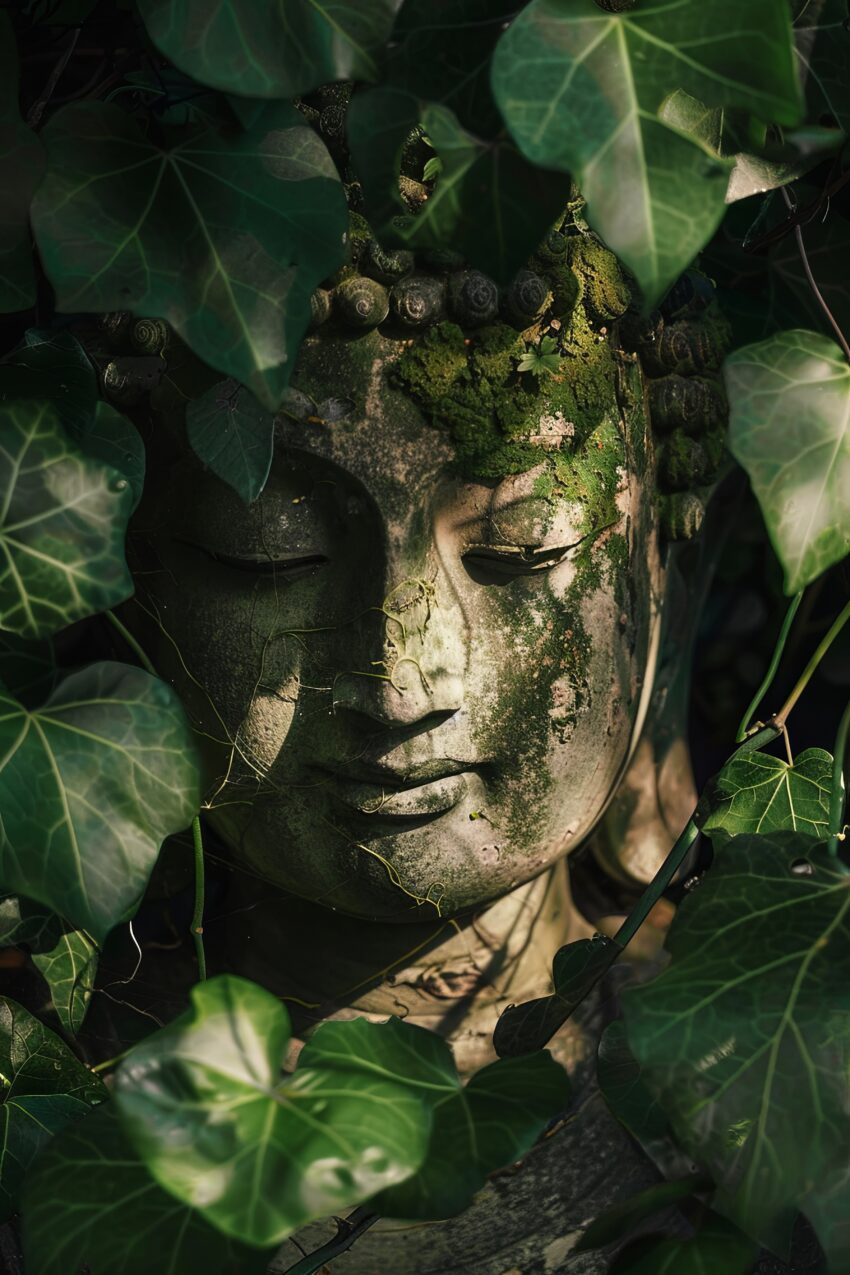 Fotografie Poster Buddha verwittert moos grün efeu