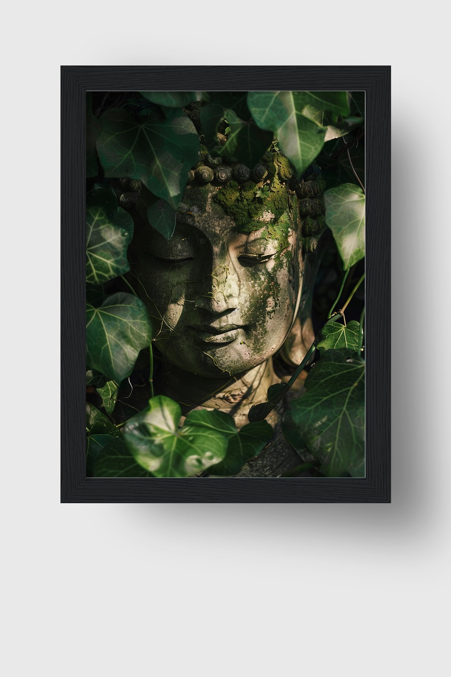 Fotografie Poster Buddha verwittert moos grün efeu