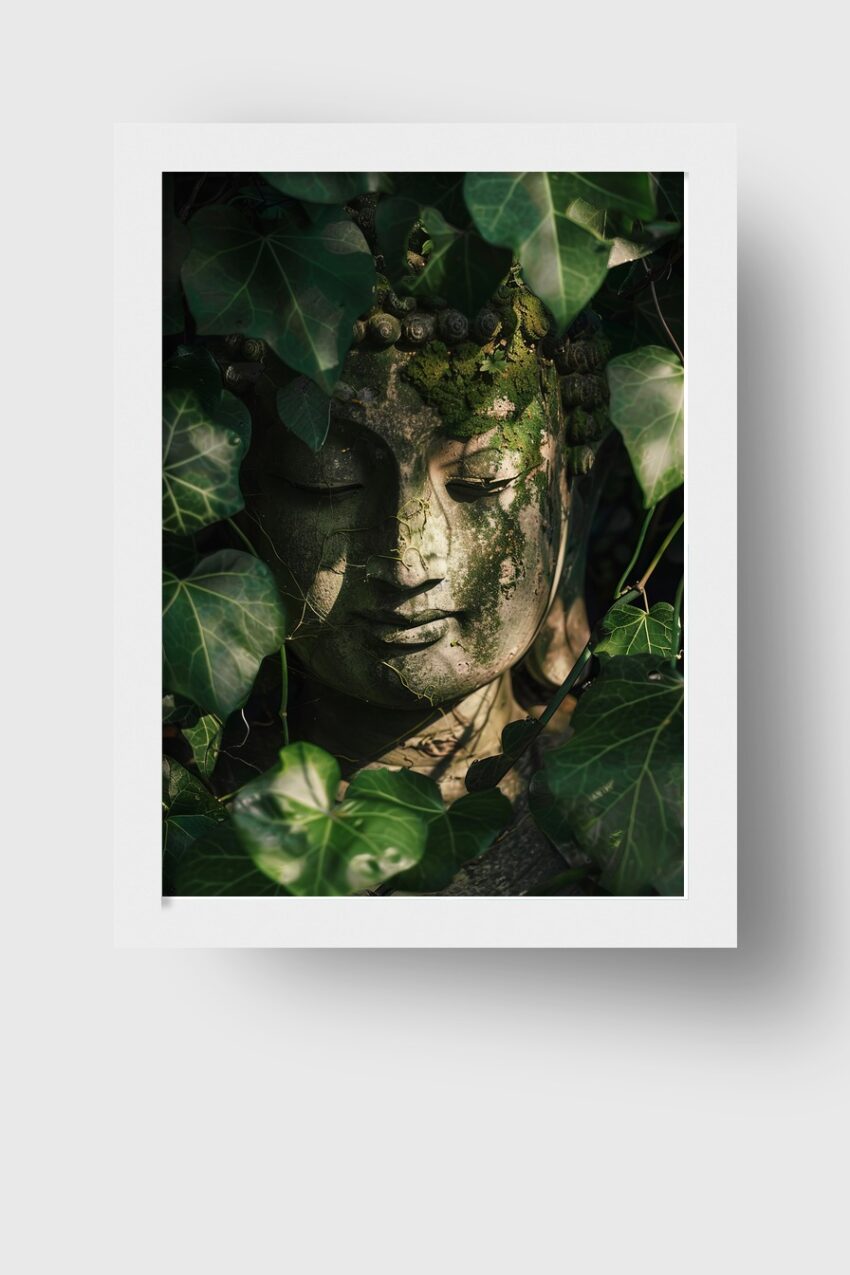 Fotografie Poster Buddha verwittert moos grün efeu