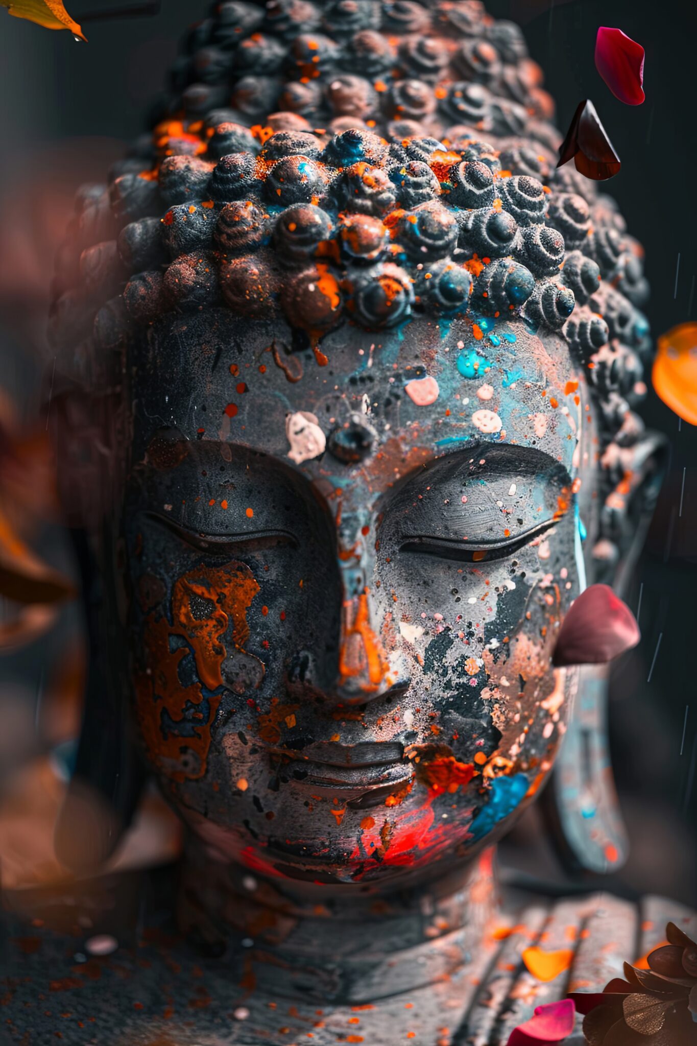Fotografie Poster Buddha Kopf bemalt farbige Flecken