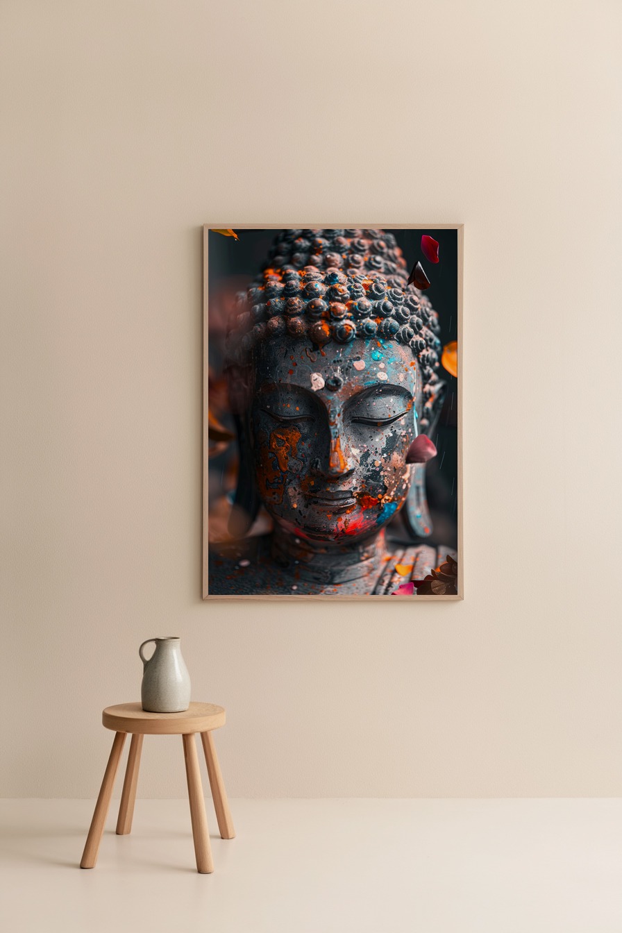 Fotografie Poster Buddha Kopf bemalt farbige Flecken