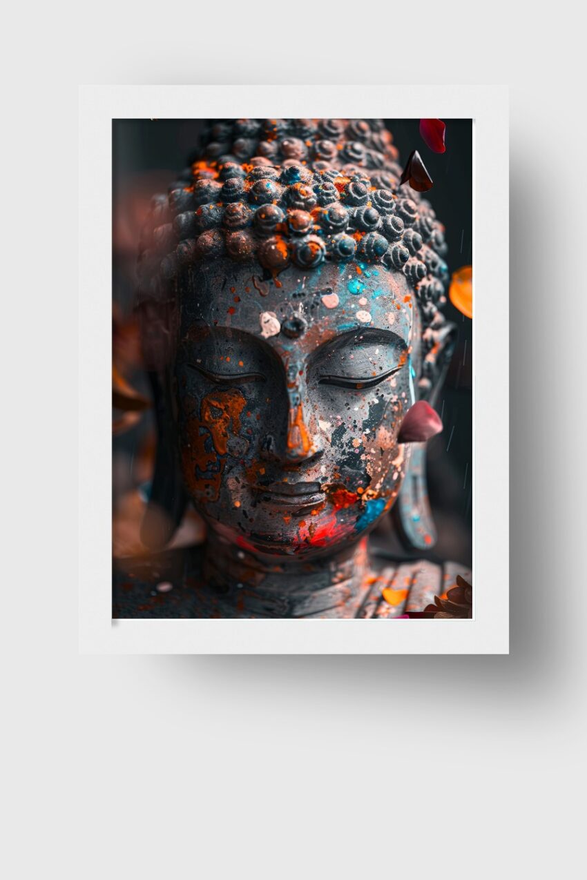 Fotografie Poster Buddha Kopf bemalt farbige Flecken