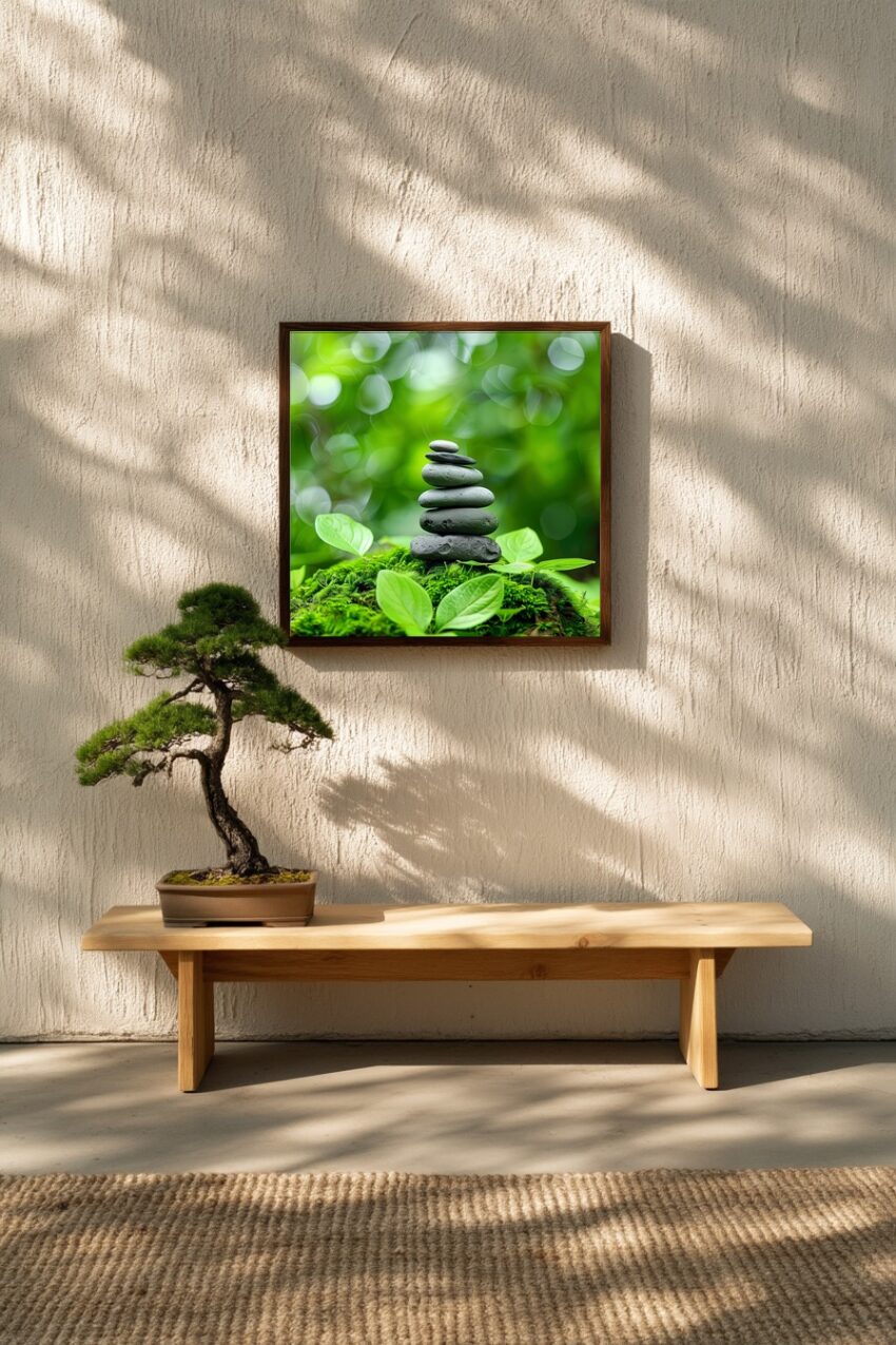 Fotografie Poster Steine Stapel grün moosig Natur