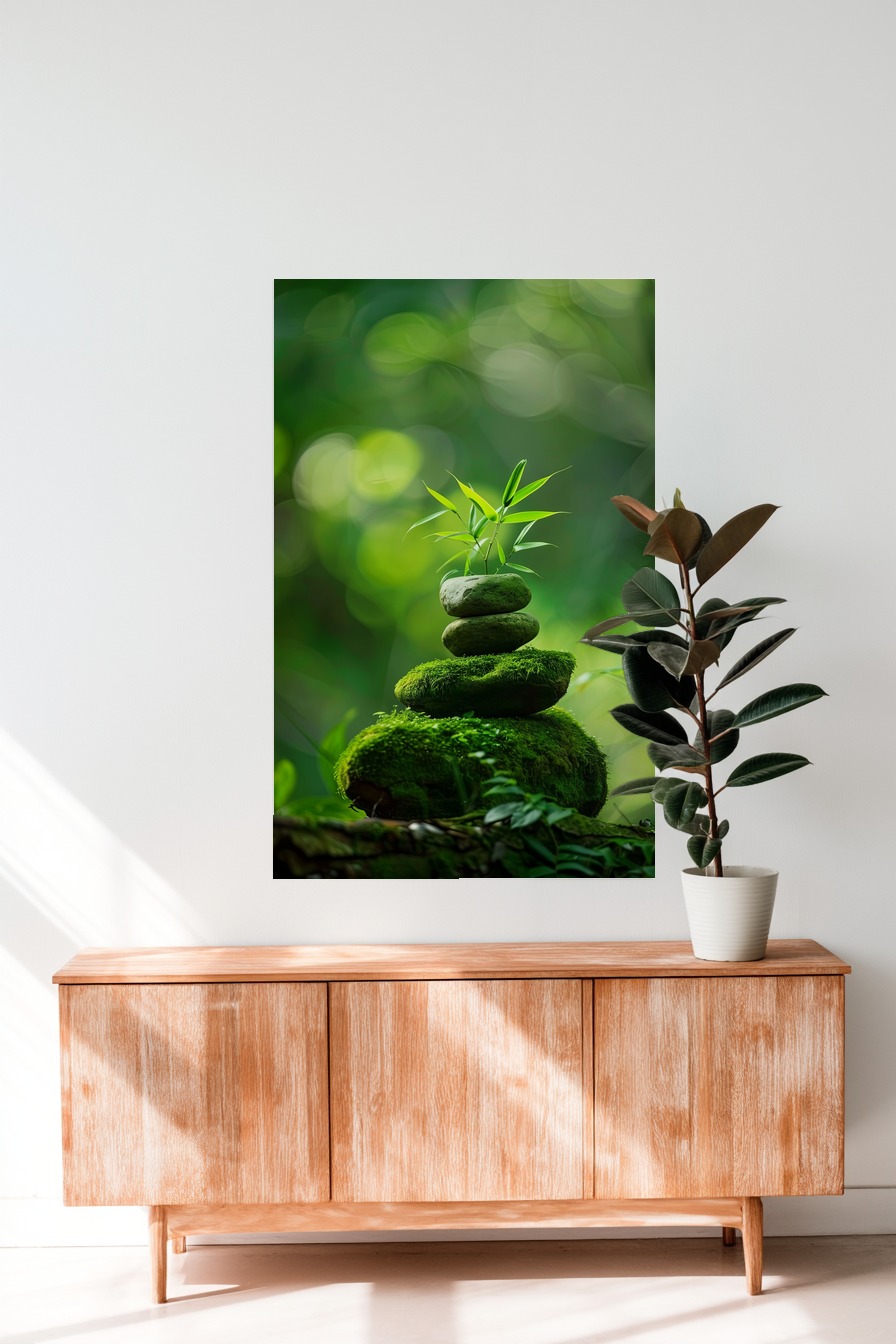 Fotografie Poster Stein Bambus grün Moos Natur