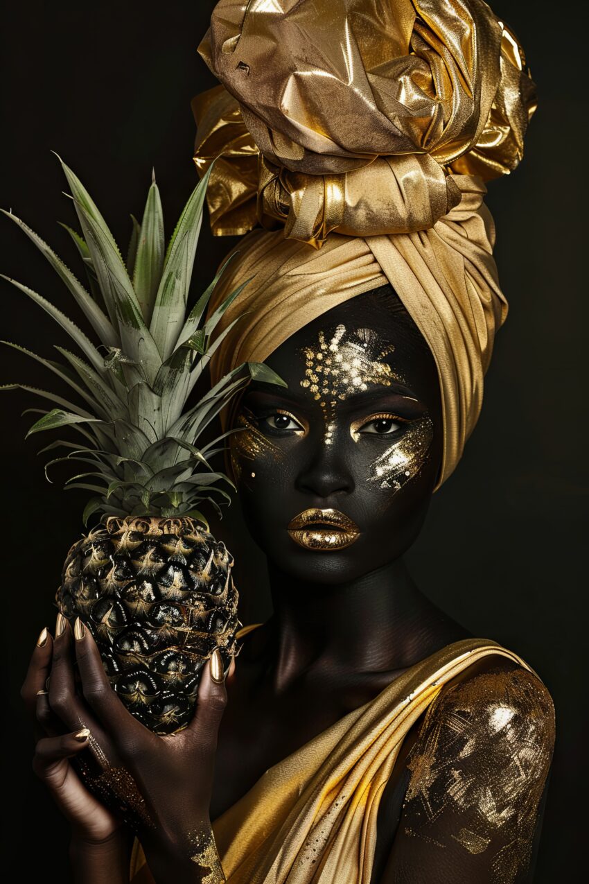 Fotografie Poster Frau Ananas gold schwarz kontrast