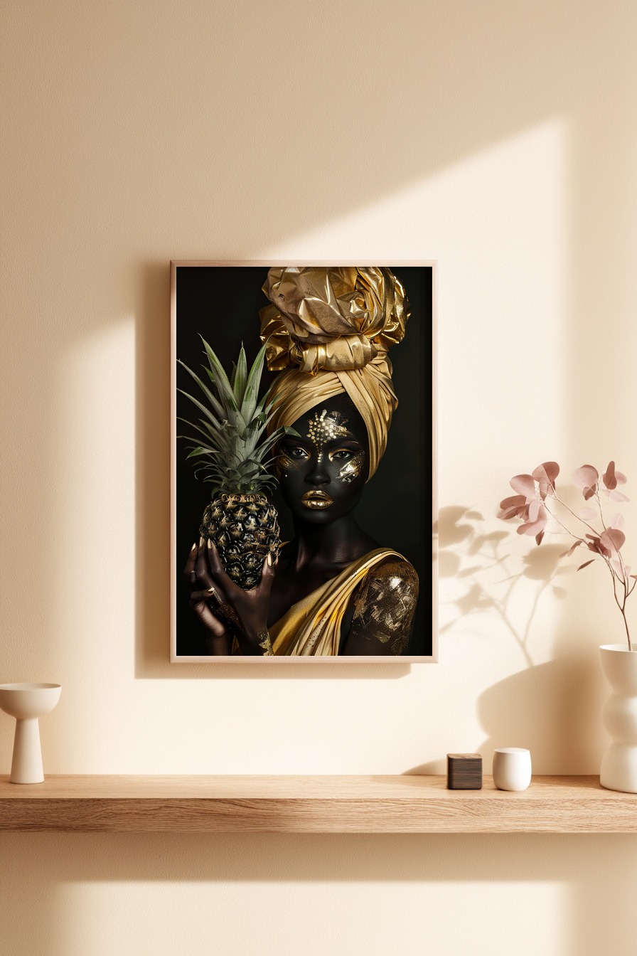 Fotografie Poster Frau Ananas gold schwarz kontrast
