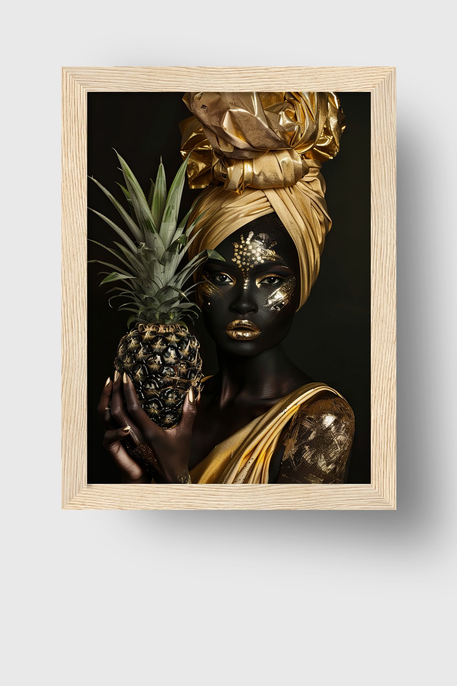Fotografie Poster Frau Ananas gold schwarz kontrast