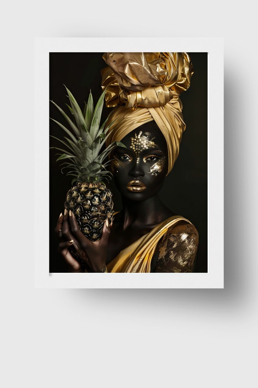Fotografie Poster Frau Ananas gold schwarz kontrast