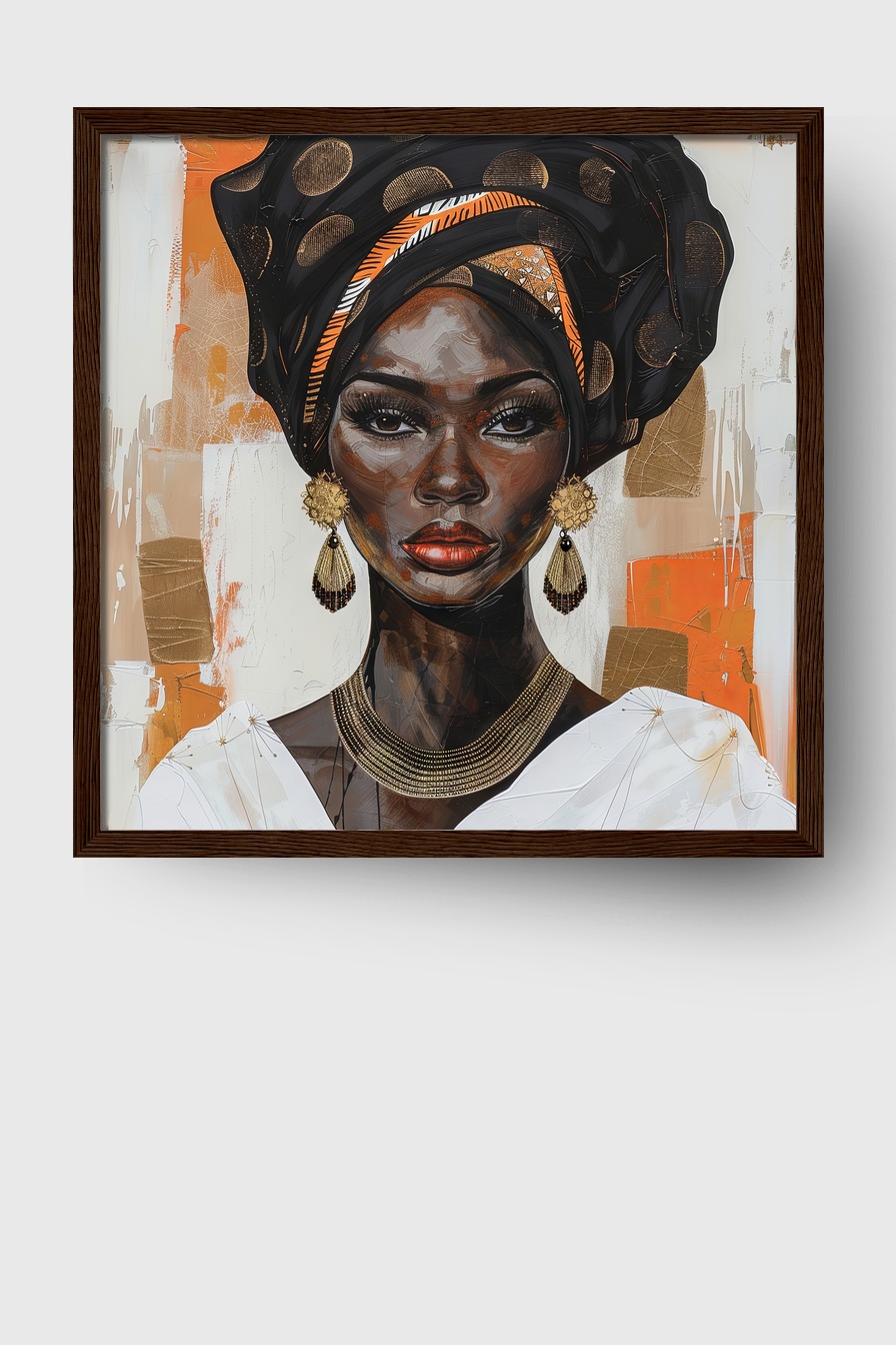 Illustration Poster Frau Porträt Kopftuch goldfarben orange schwarz