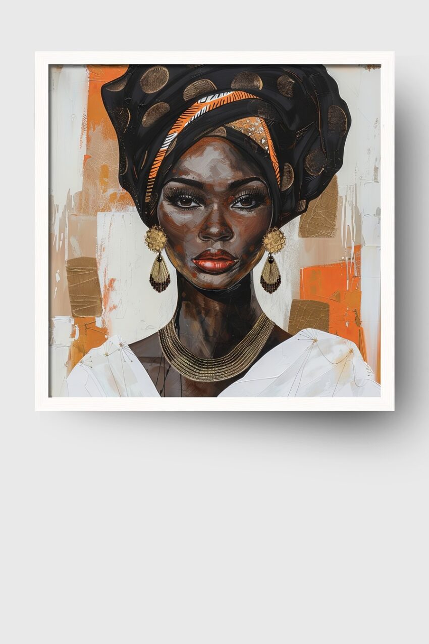 Illustration Poster Frau Porträt Kopftuch goldfarben orange schwarz
