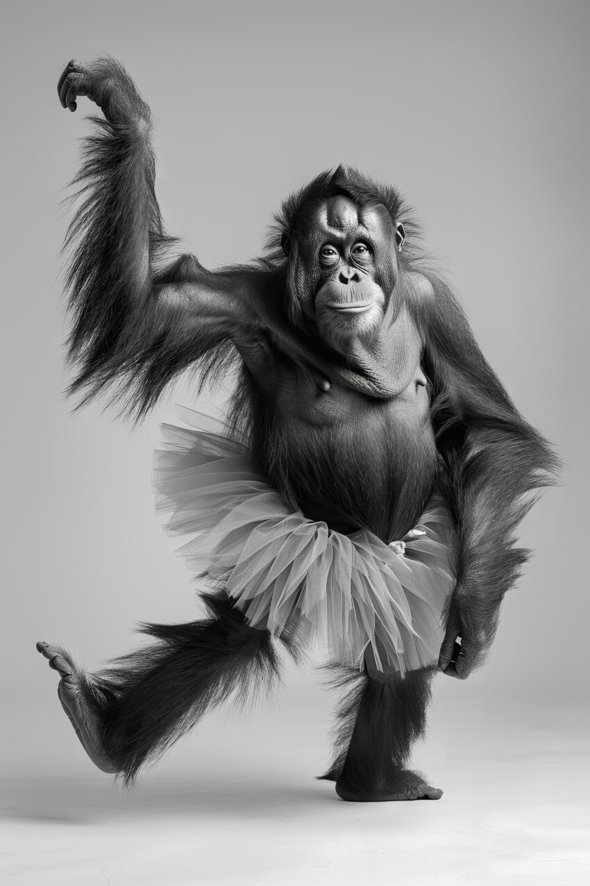 Fotografie Poster Orang-Utan tanzend schwarz-weiß