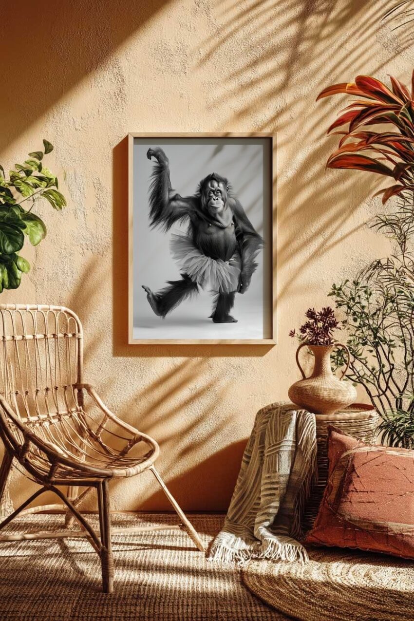 Fotografie Poster Orang-Utan tanzend schwarz-weiß