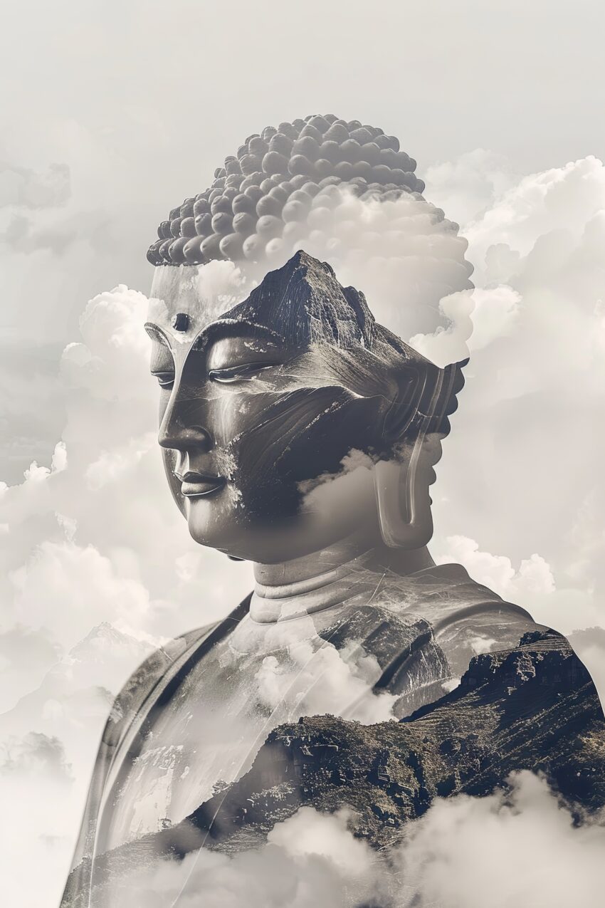Digitale Kunst Poster Buddha Kopf Berge monochrom