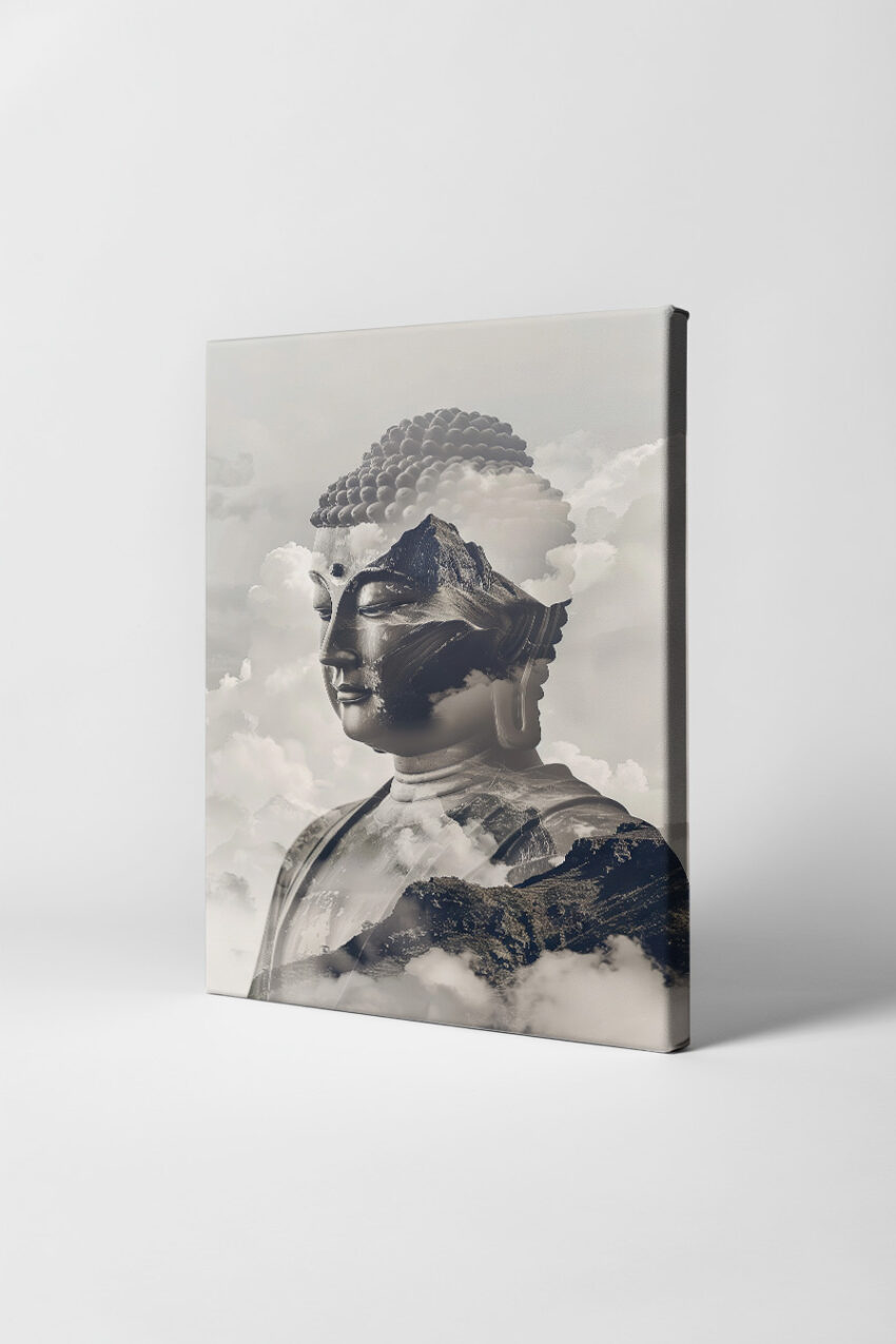 Digitale Kunst Poster Buddha Kopf Berge monochrom