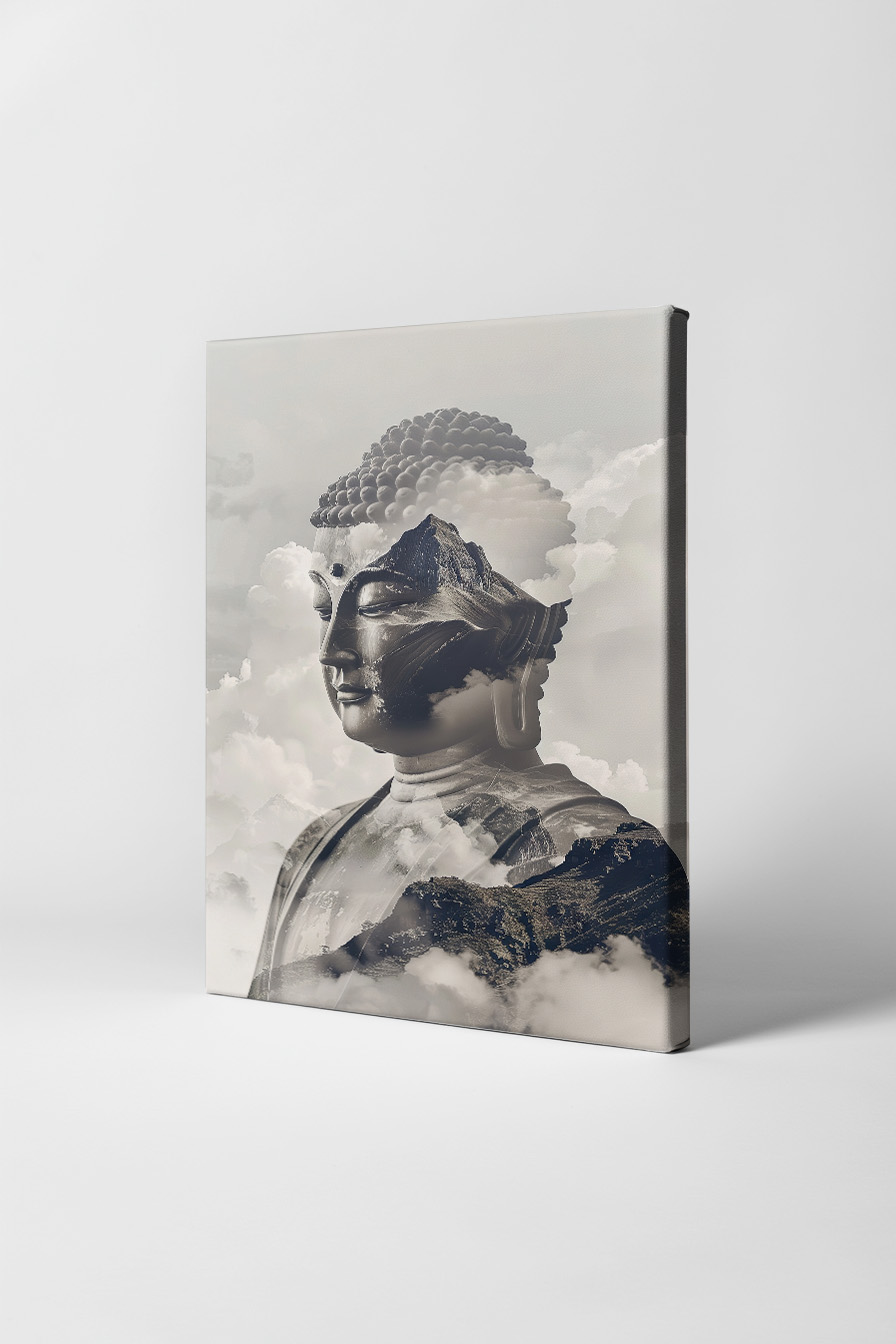 Digitale Kunst Poster Buddha Kopf Berge monochrom