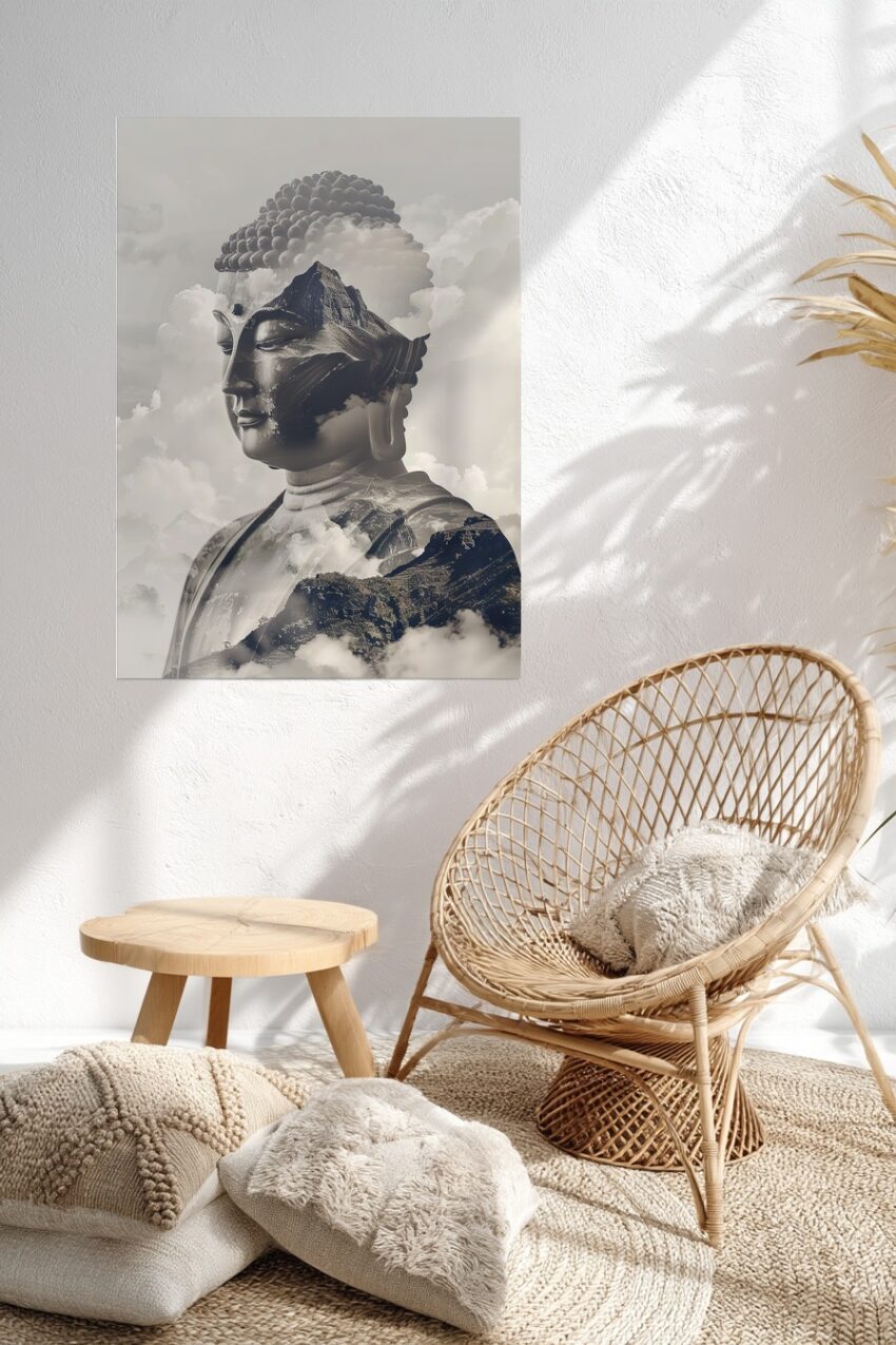 Digitale Kunst Poster Buddha Kopf Berge monochrom