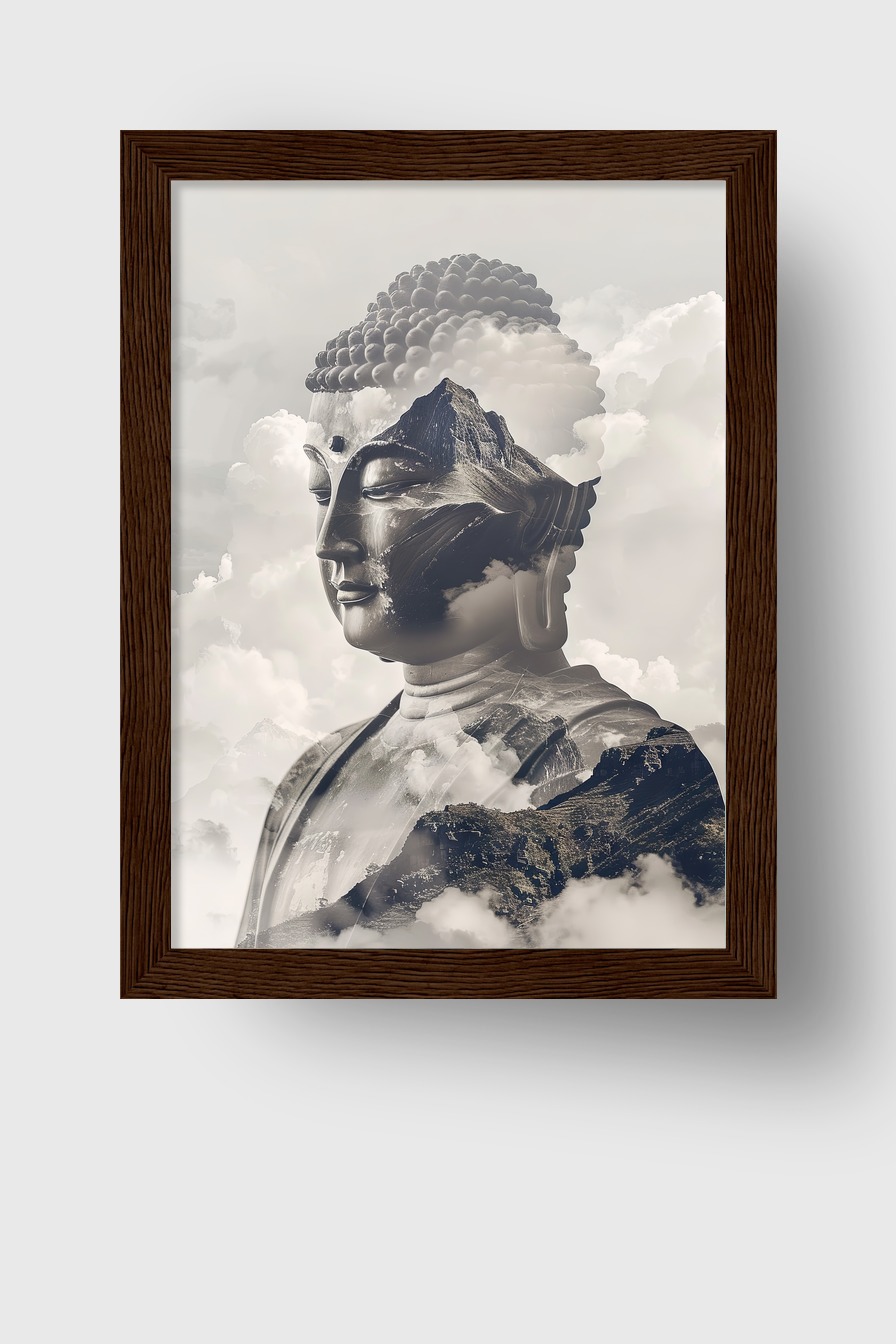 Digitale Kunst Poster Buddha Kopf Berge monochrom