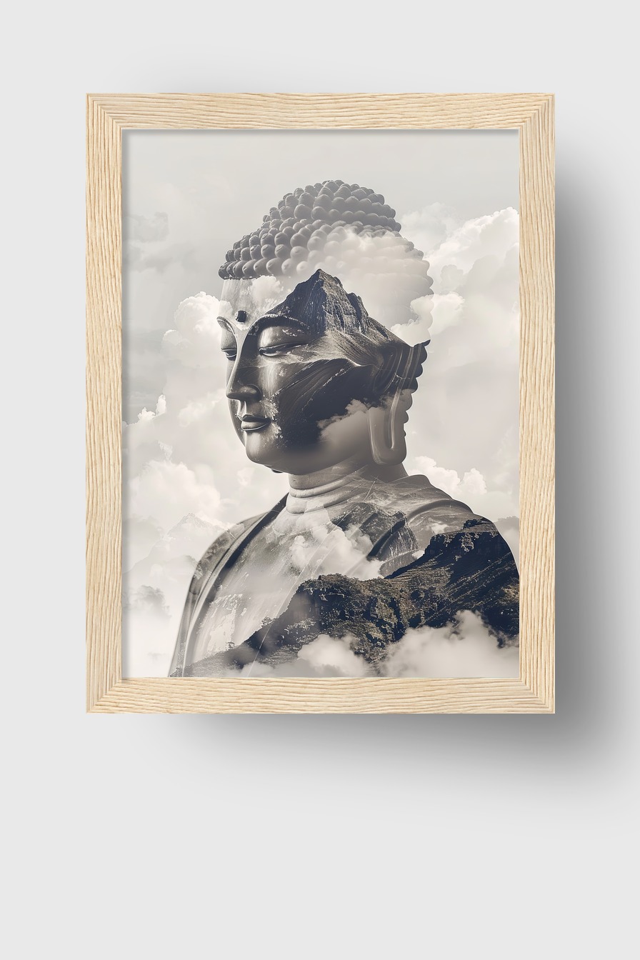 Digitale Kunst Poster Buddha Kopf Berge monochrom