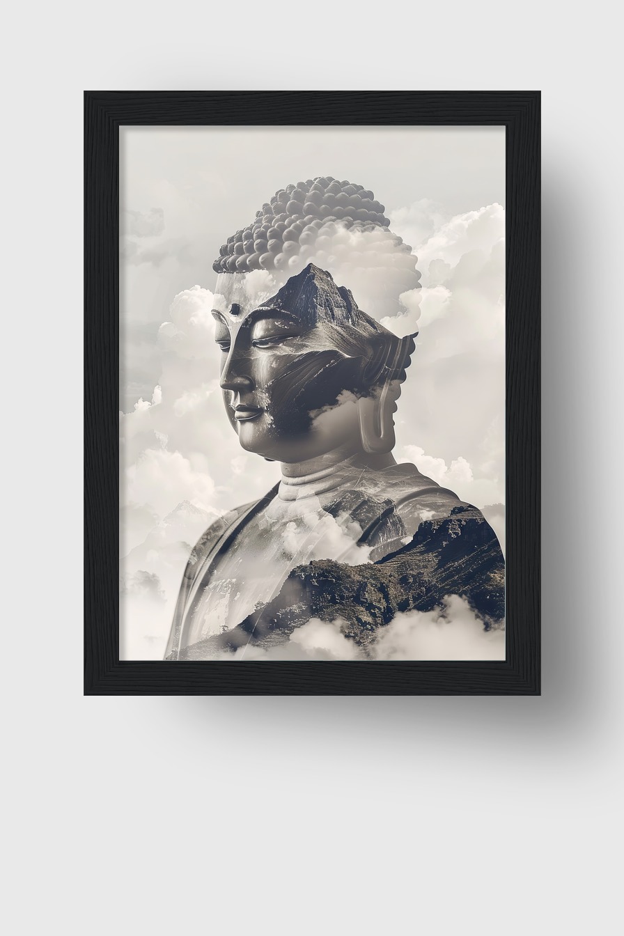 Digitale Kunst Poster Buddha Kopf Berge monochrom