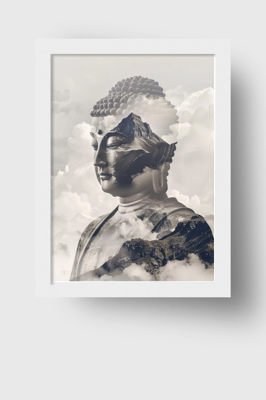 Digitale Kunst Poster Buddha Kopf Berge monochrom