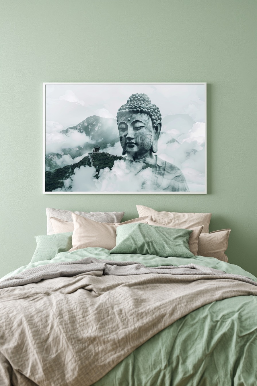 Digitale Kunst Poster Buddha Kopf grau ruhig