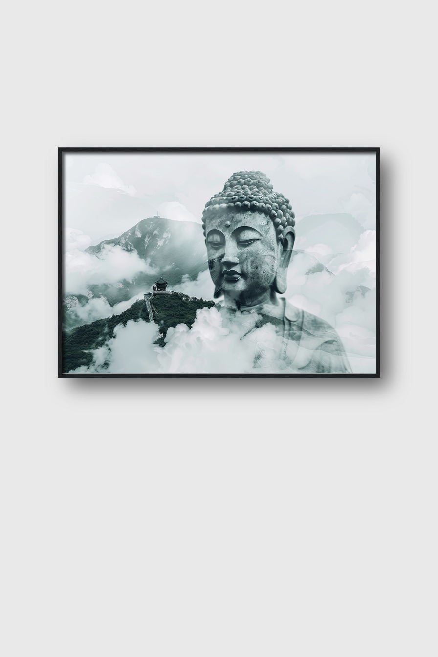Digitale Kunst Poster Buddha Kopf grau ruhig