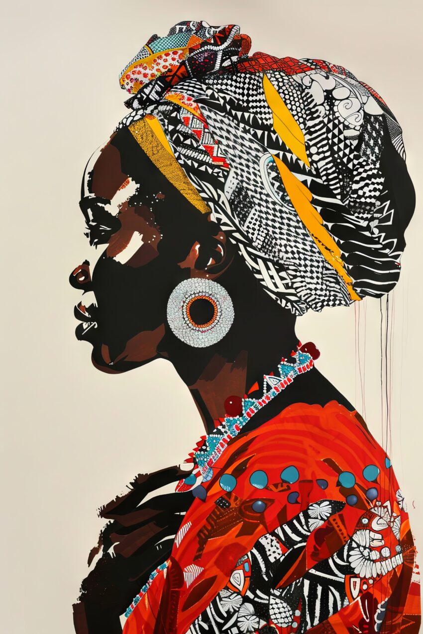 Illustration Poster Frau Turban bunt Profil Schmuck