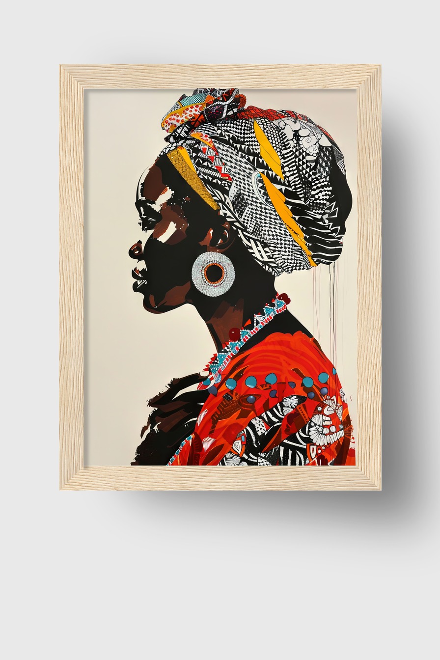 Illustration Poster Frau Turban bunt Profil Schmuck