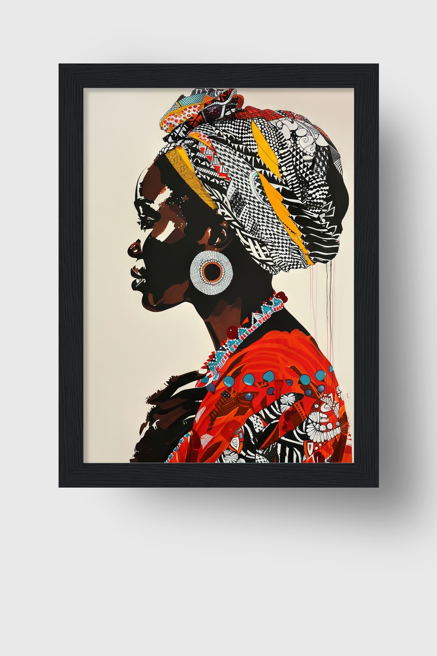Illustration Poster Frau Turban bunt Profil Schmuck