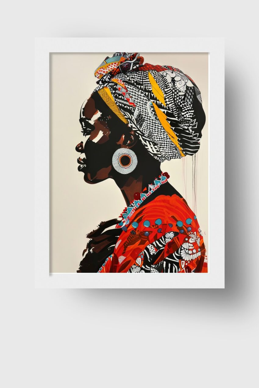 Illustration Poster Frau Turban bunt Profil Schmuck