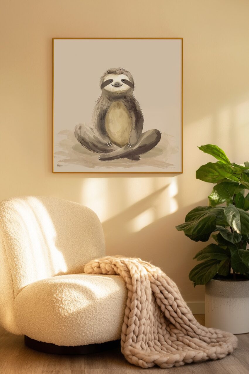 Illustration Poster Faultier sitzend sanfte Braun Beige Töne