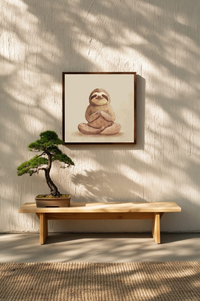 Illustration Poster Faultier sitzend braun entspannt